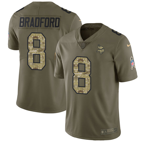 Nike Vikings #8 Sam Bradford Olive/Camo Men's Stitched NFL Limited Salute To Service Jersey - Click Image to Close